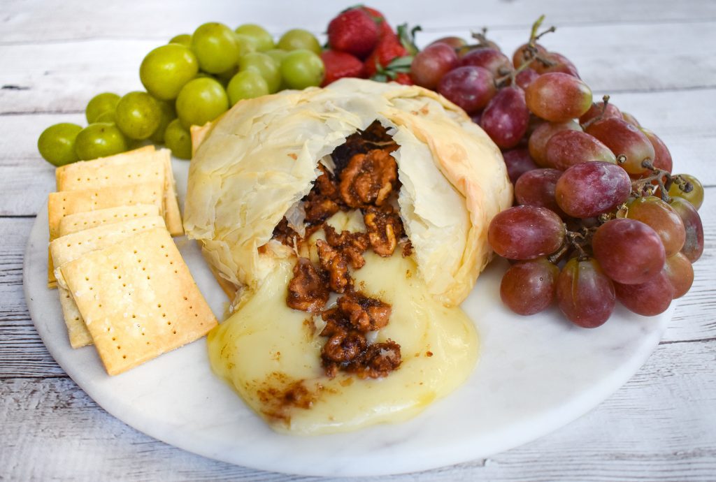 LowFODMAP Phyllo Wrapped Baked Brie with Brown Sugar & Nuts Dr