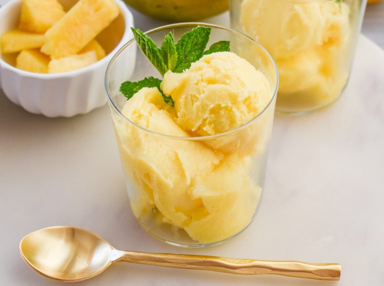 Creamy LowFODMAP Pineapple Mango Sorbet; Glutenfree, Vegan Dr