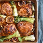 low fodmap sheet pan asian ginger and lemon chicken in half-sheet tray aerial