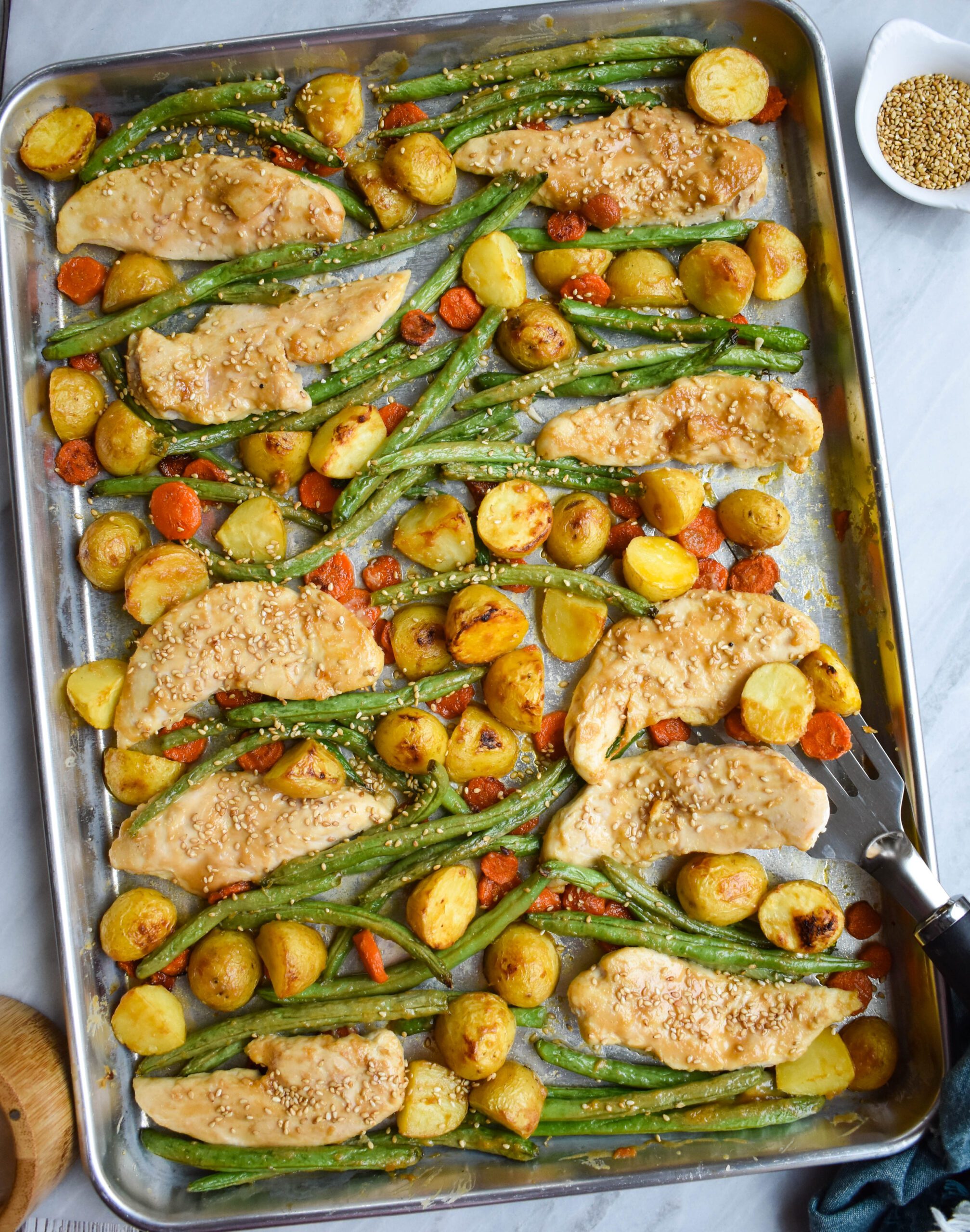 Tahini Chicken with Potatoes and Green Beans