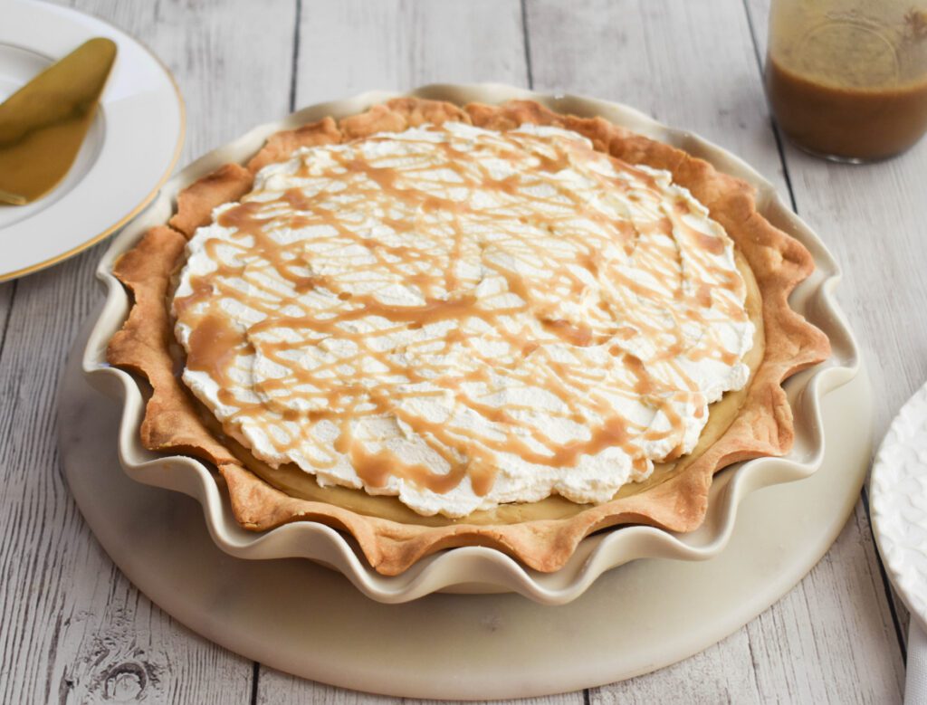 Low-FODMAP butterscotch pie, whole in pan