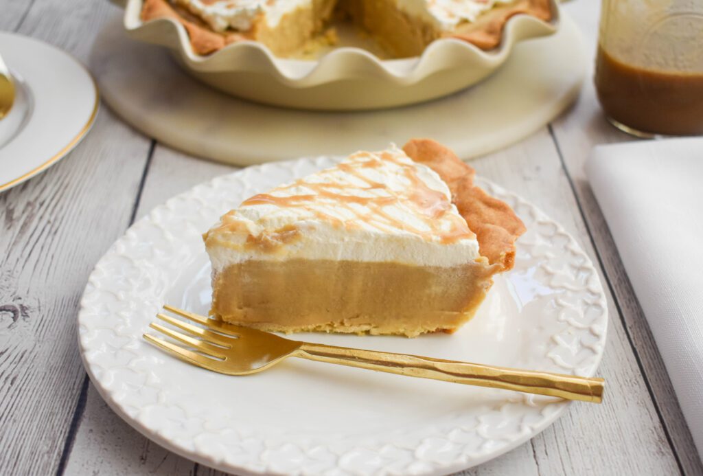 low fodmap butterscotch pie slice from side