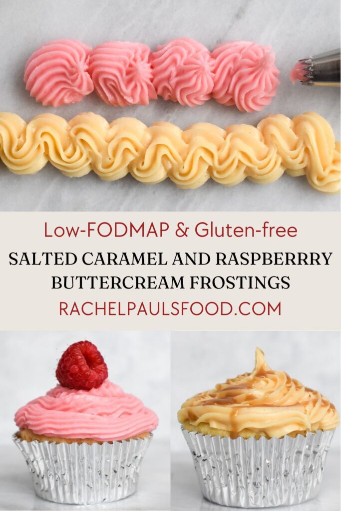 low-FODMAP Salted Caramel and Raspberry frosting on cupcakes