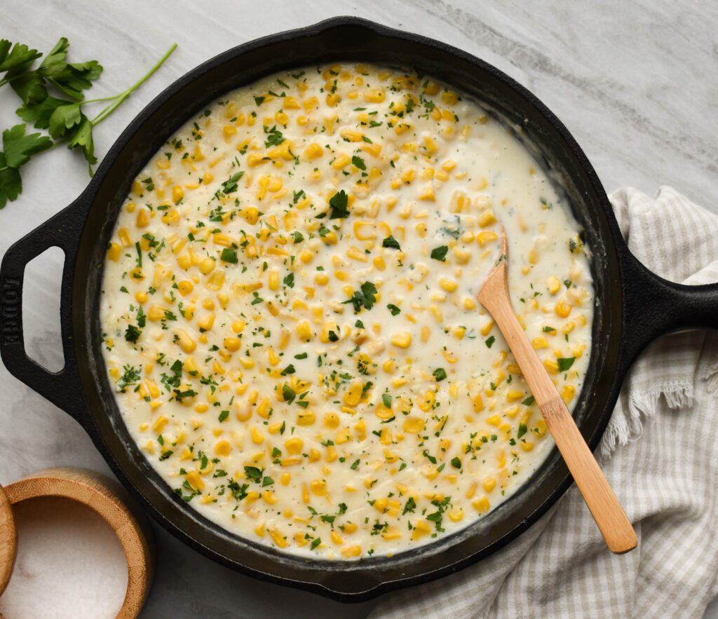 low-FODMAP creamed corn in skillet from side