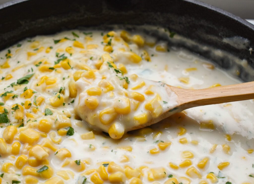 low fodmap creamed corn in skillet close up
