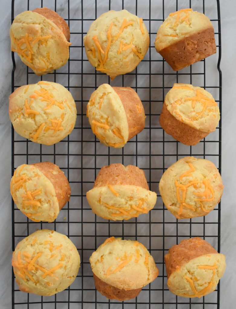 low-FODMAP Cheddar Cheese muffins on cooling tray