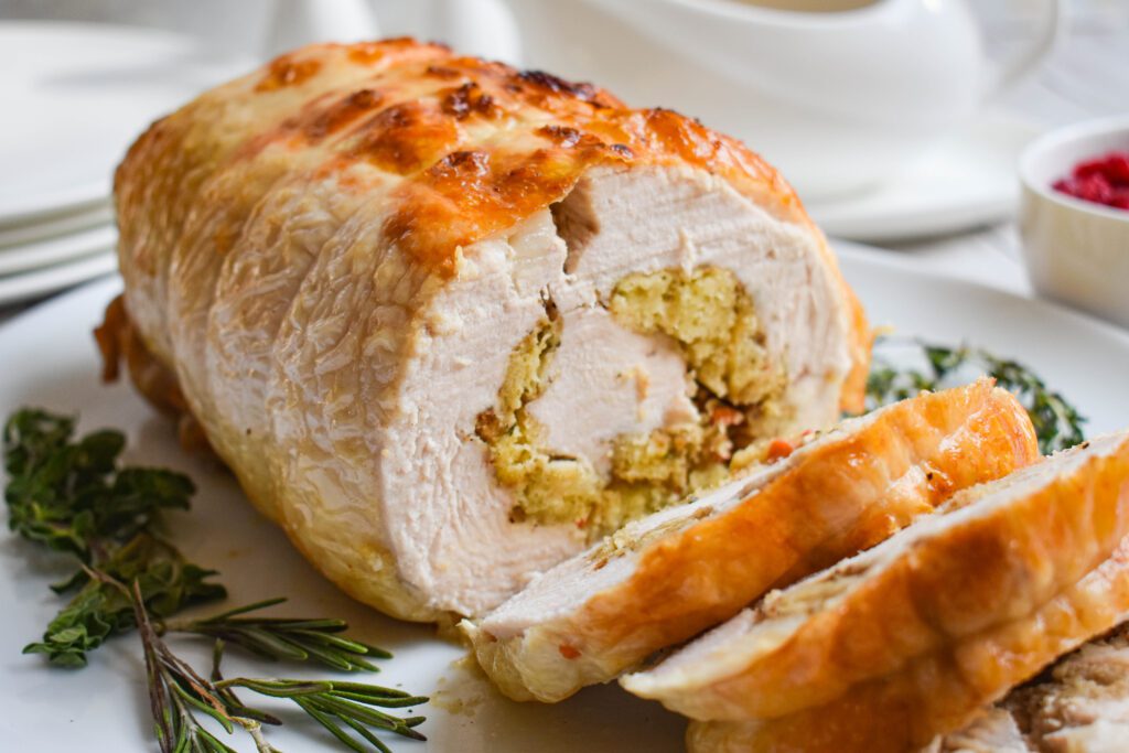 low-FODMAP Rolled turkey breast with stuffing side cut