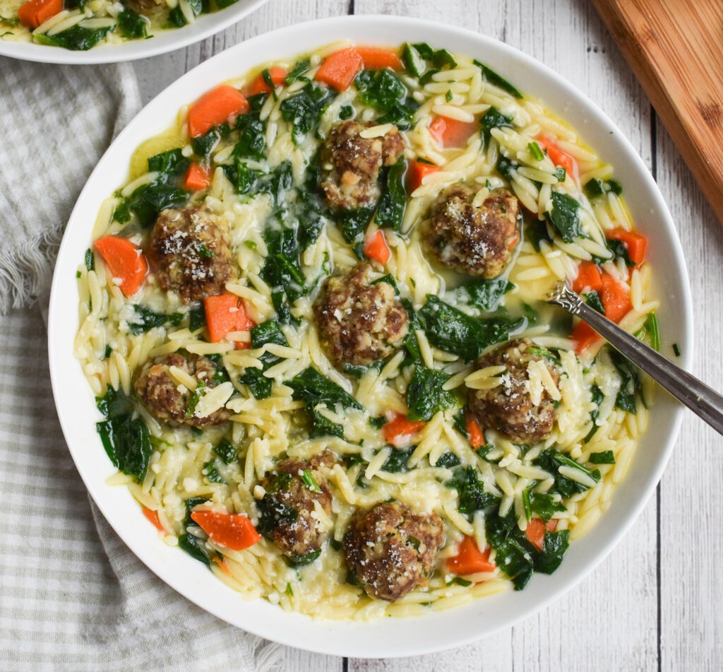 low-FODMAP Italian wedding soup aerial view in bowl