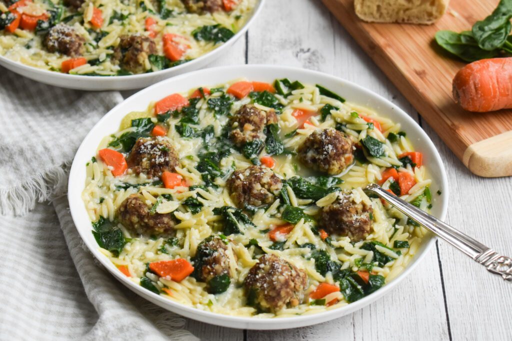 low-FODMAP Italian Wedding soup closer up in bowls