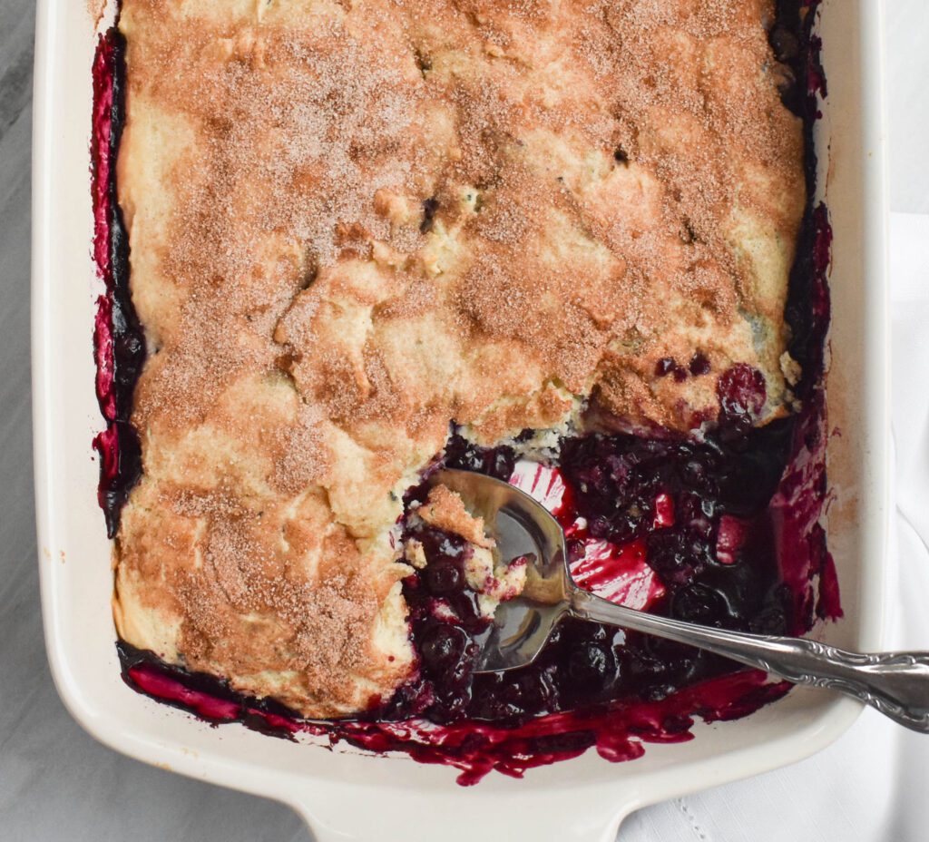 low fodmap blueberry cobbler in pan