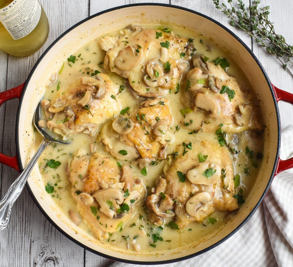 low fodmap braised chicken fricassee closer aerial