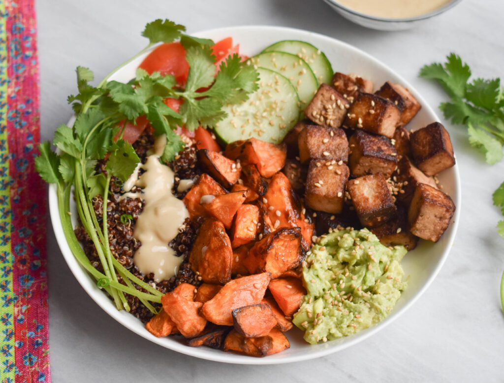 low fodmap buddha bowl aerial on angle