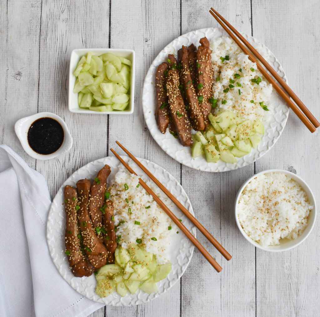 low fodmap soy sesame pork tenderloin 2 plates aerial