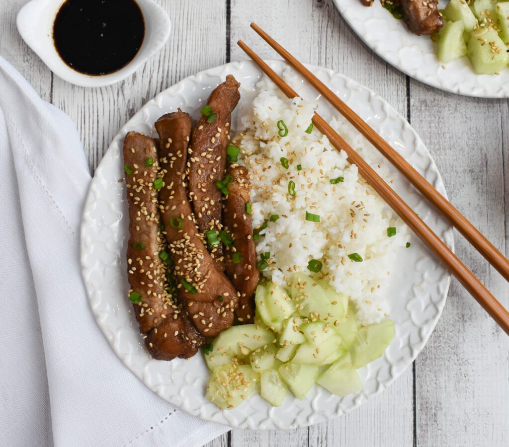 low fodmap soy sesame pork one plate aerial