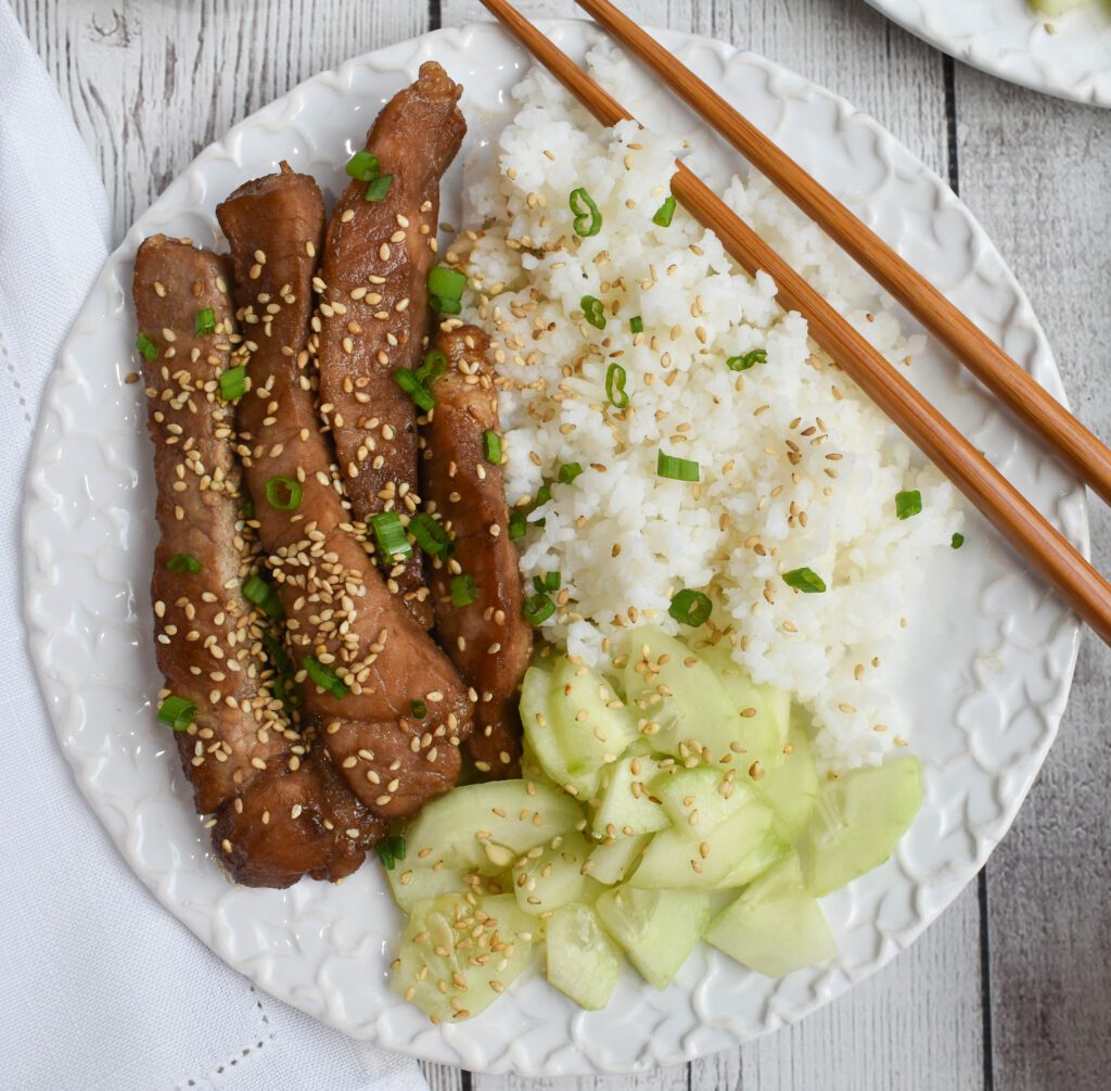low fodmap soy sesame pork closest view