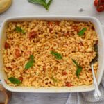low fodmap feta baked pasta in casserole with macaroni