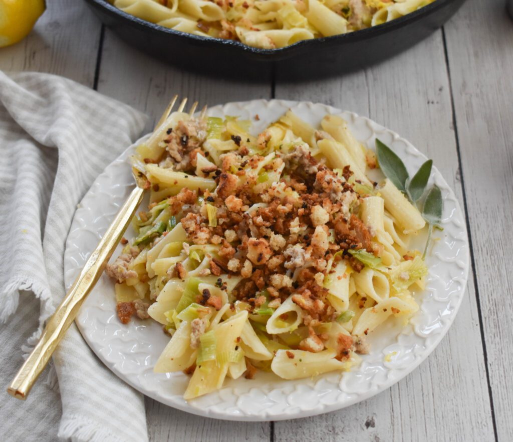 low fodmap gordon Ramsey turkey pasta angle on plate with skillet