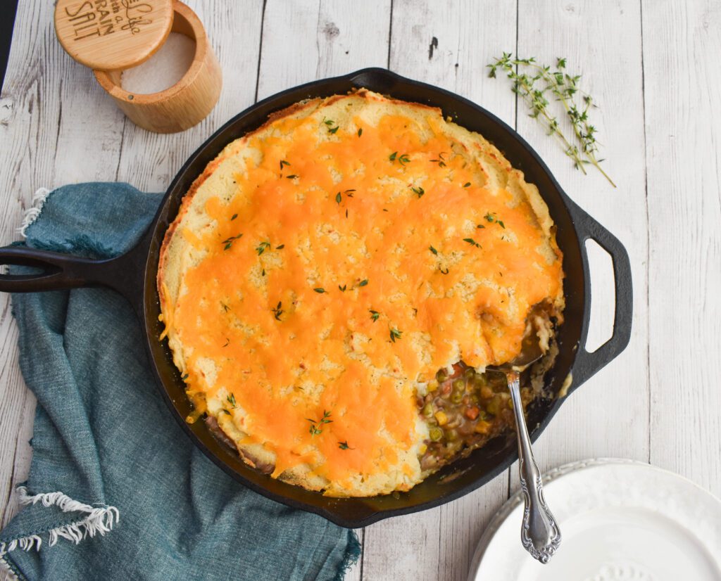 low fodmap vegan shepherds pie aerial in skillet
