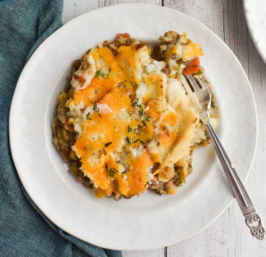 low fodmap vegan shepherds pie aerial on plate