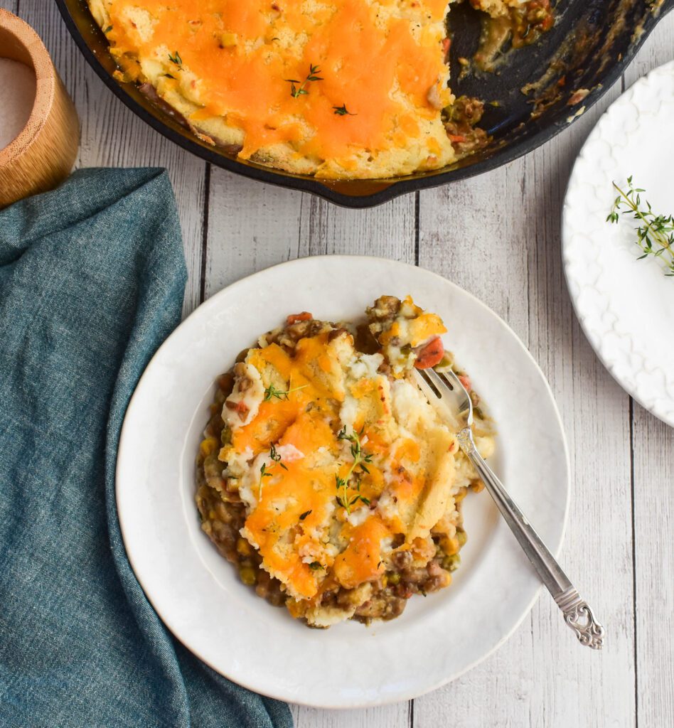 low fodmap vegan shepherds pie aerial with skillet 