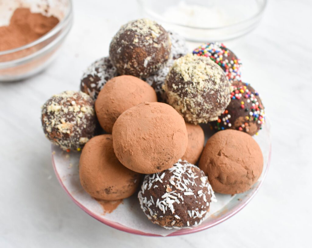 low fodmap chocolate truffles on platter aerial