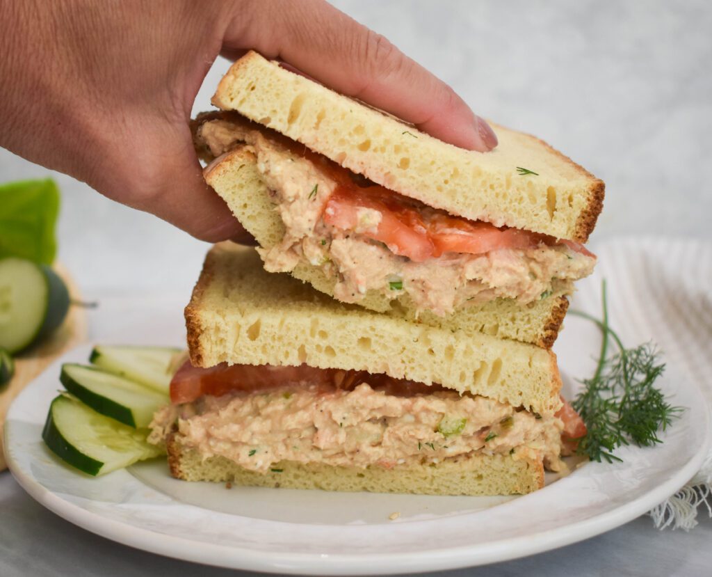 Low-FODMAP High-Protein Tuna Salad in hand