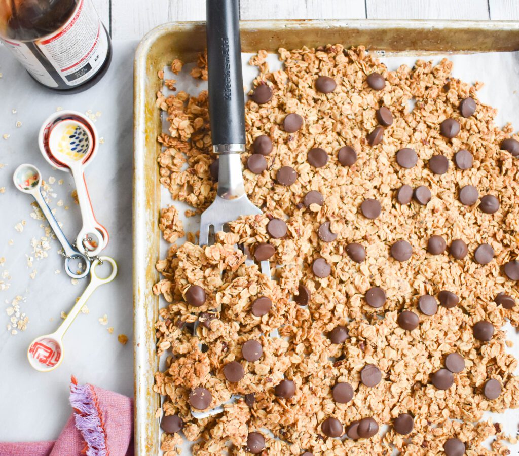 low fodmap chocolate chip granola aerial in tray