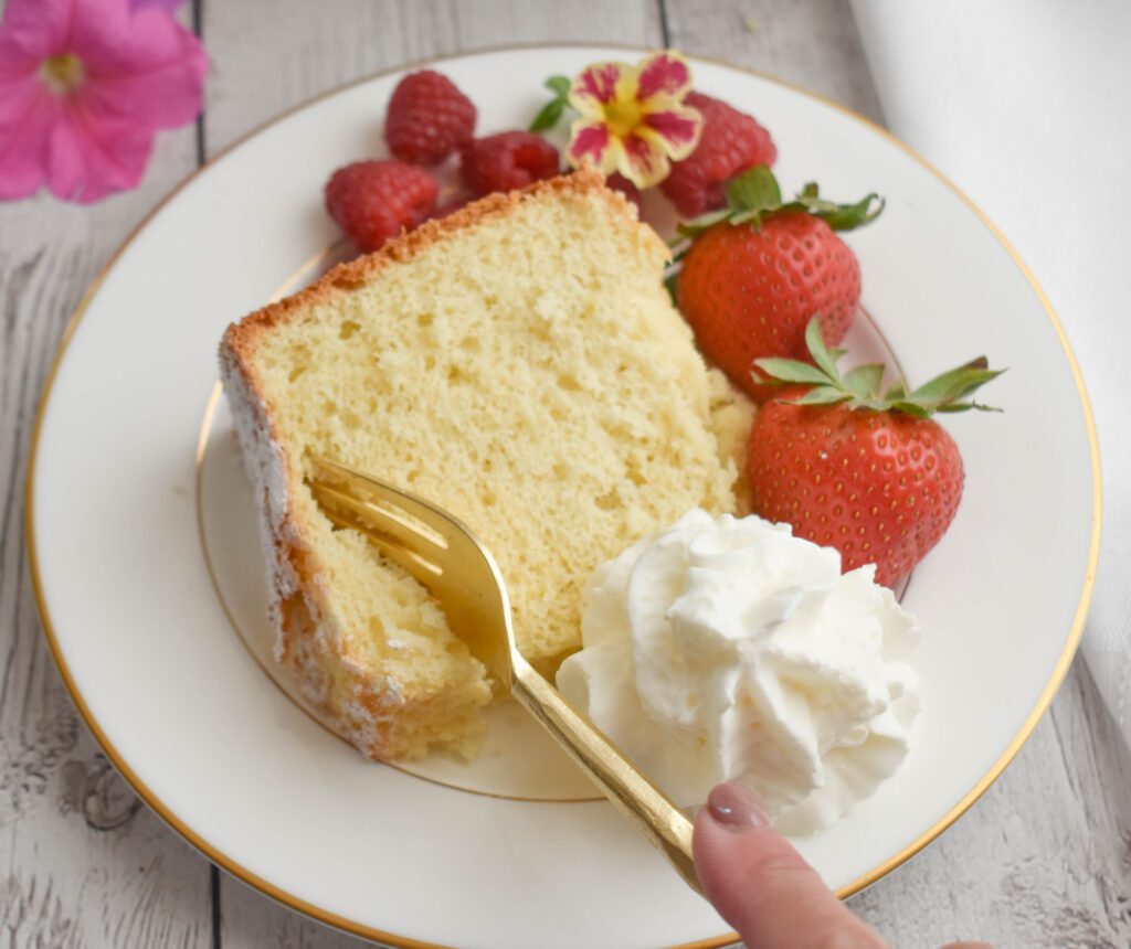 low fodmap chiffon cake on plate with fork