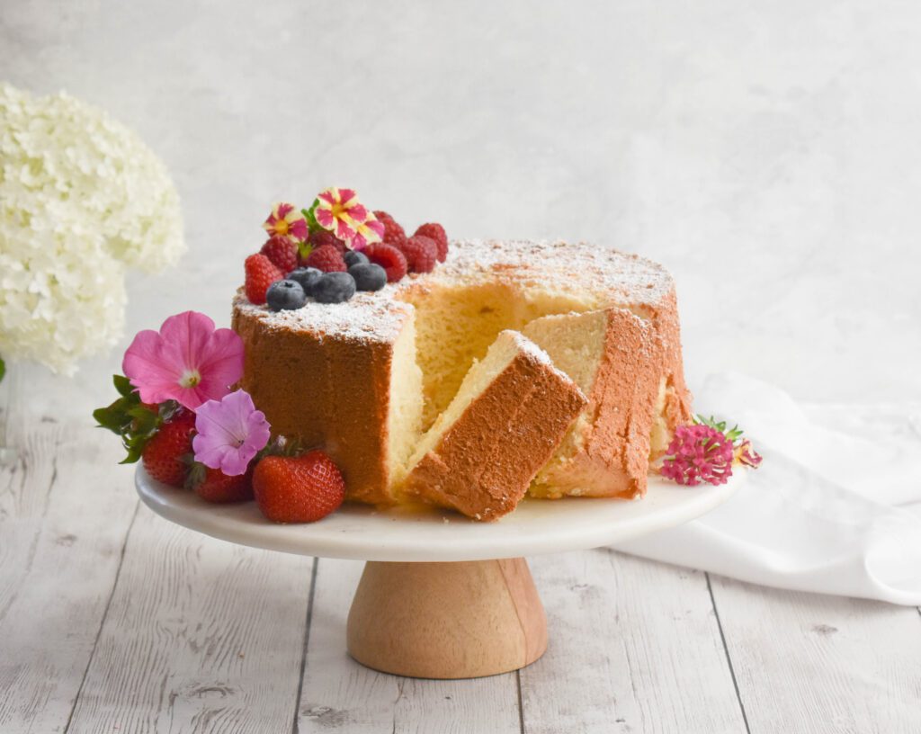 low fodmap chiffon cake on platter farther away