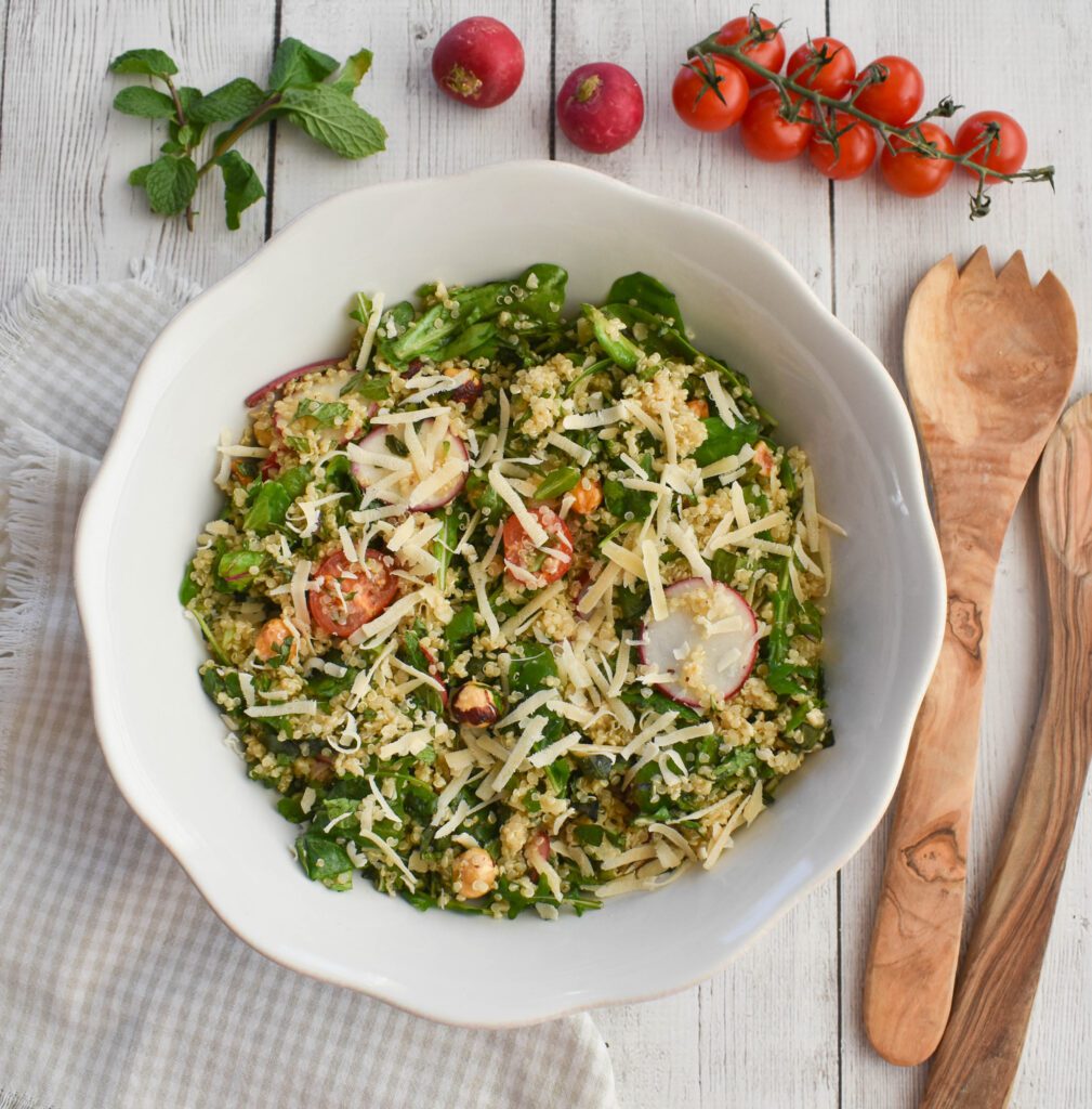 low fodmap  warm quinoa salad in large bowl