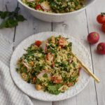 low fodmap warm quinoa salad on plate with bowl