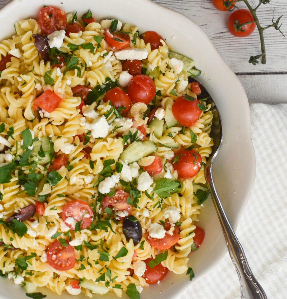 low fodmap greek pasta salad from side