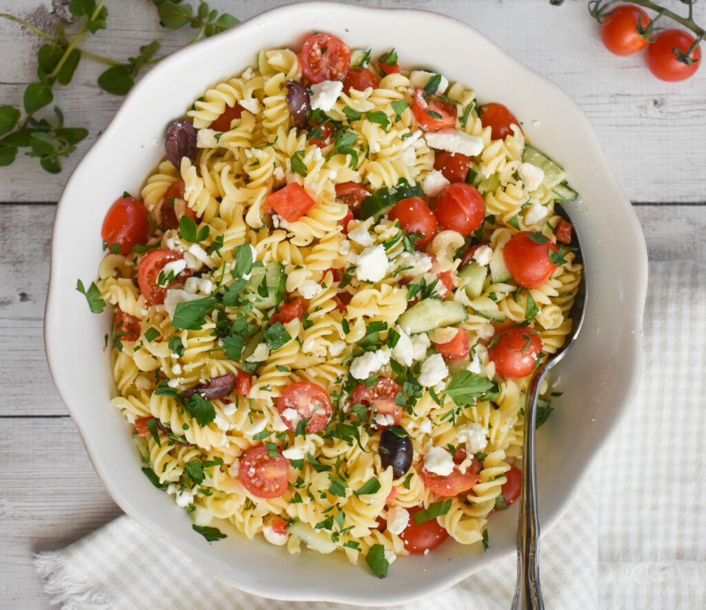 greek pasta salad far away aerial
