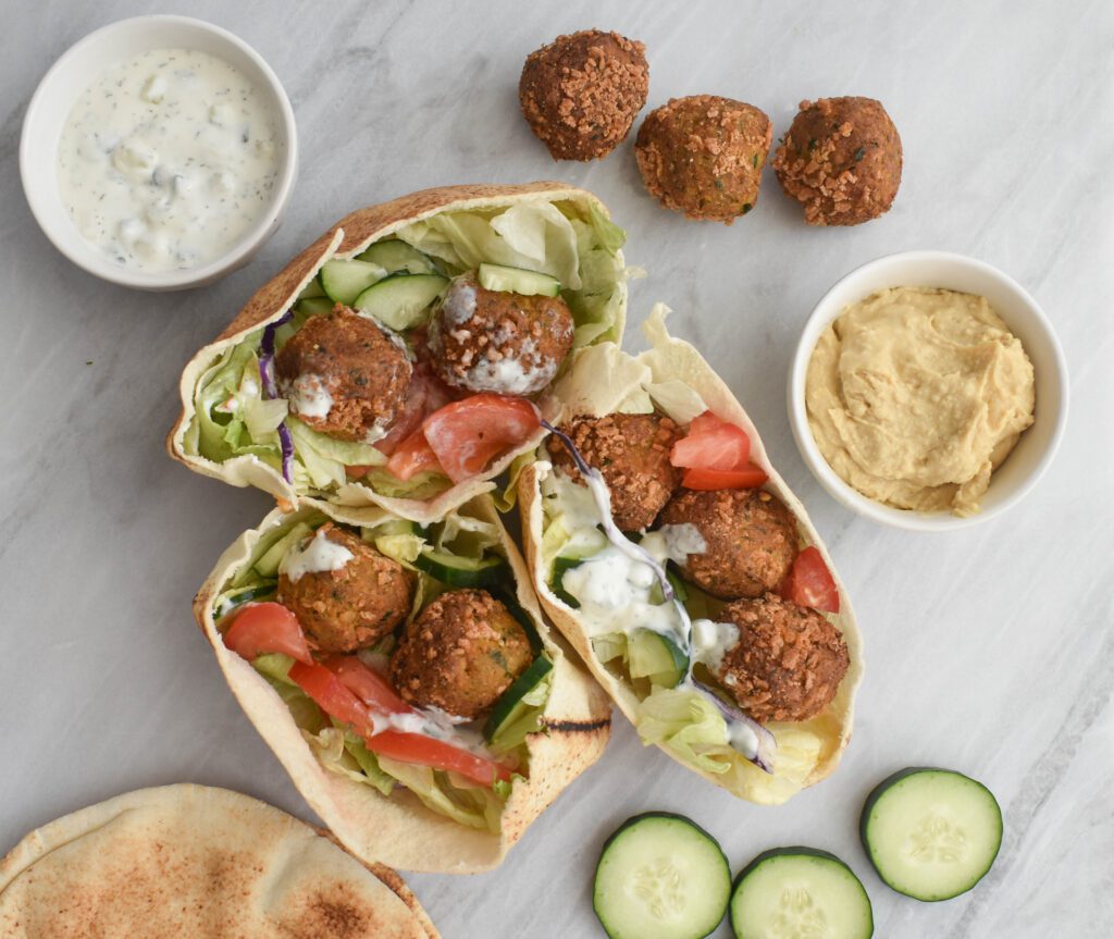 low fodmap falafel, aerial 3 pitas
