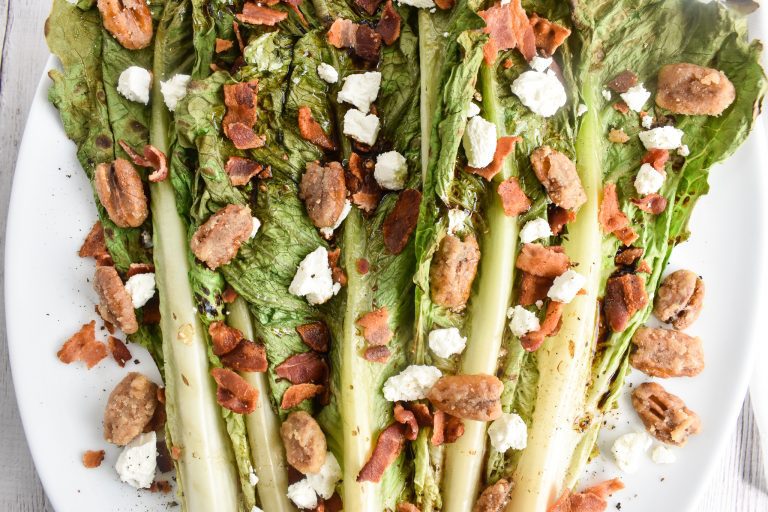 LowFODMAP Grilled Romaine with Bacon, Goat Cheese & Candied Pecans
